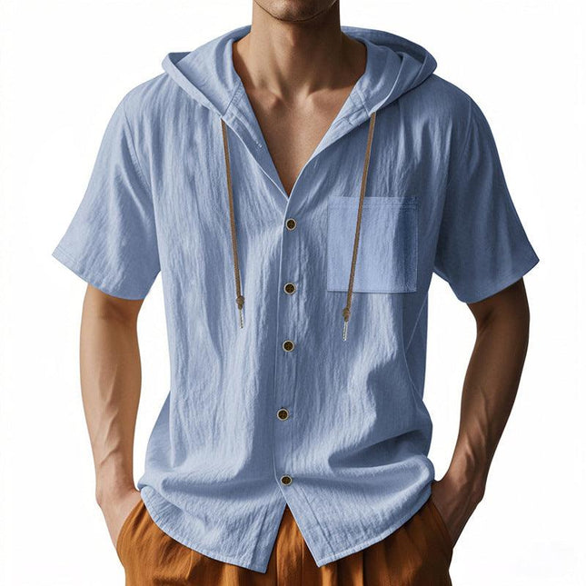 Men’s Short Sleeve Hooded Shirt Linen Blend