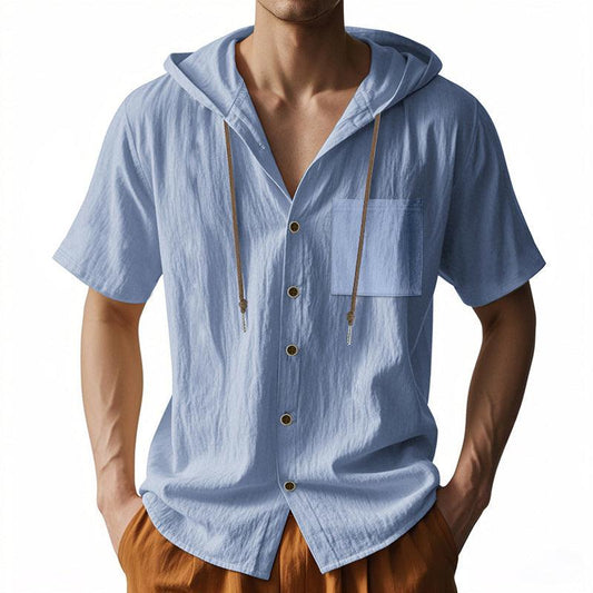 Men’s Short Sleeve Hooded Shirt Linen Blend