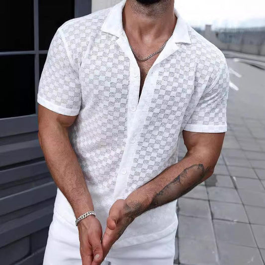 Men's Button-Up Knit Shirt with Lace Detail - Relaxed Fit Short Sleeve Casual Wear