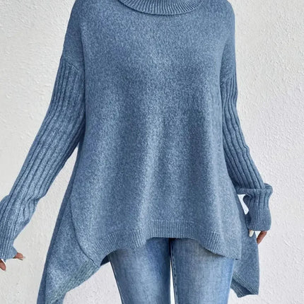 Women's Oversized Turtleneck Sweater Wool Knit Asymmetrical Hem