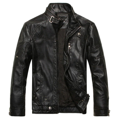 Men's Slim Fit PU Leather Biker Jacket with Zipper Front and Stand Collar