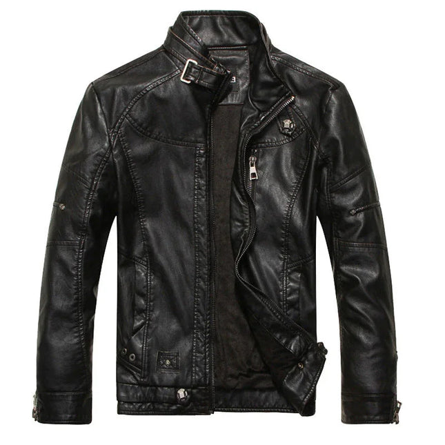 Men's Slim Fit PU Leather Biker Jacket with Zipper Front and Stand Collar