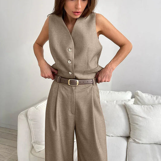 Women's Wide-Leg Pants Set with Button Detail