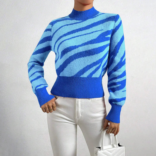 Women's Knitted Sweater Zebra Pattern Semi-High Neck Regular Fit Ribbed Hem