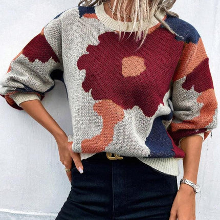 Women's Knit Pullover Sweater Relaxed Fit Balloon Sleeves Round Neck Patterned