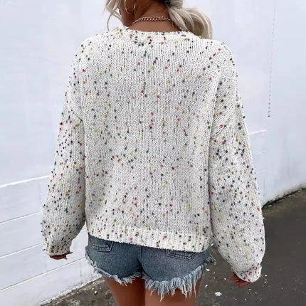 Women's Knit Pullover Sweater Relaxed Fit Ribbed Trim Speckled Pattern