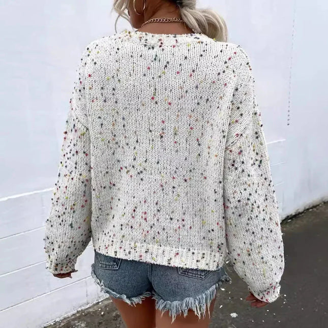 Women's Knit Pullover Sweater Relaxed Fit Ribbed Trim Speckled Pattern