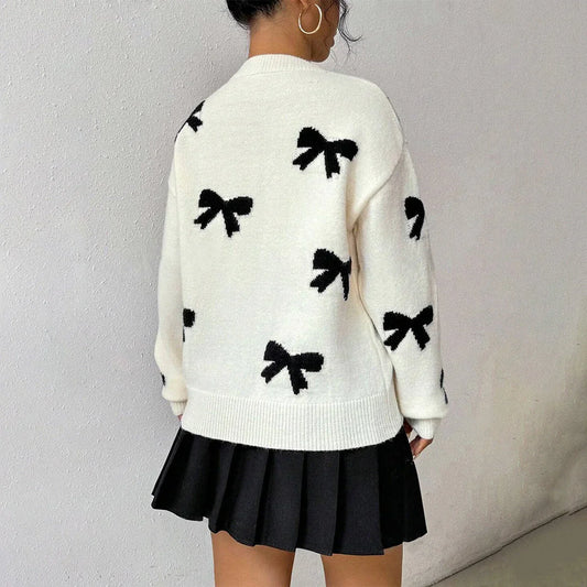 Women's Sweater Wool Blend Relaxed Fit Bow Detail Crew Neck