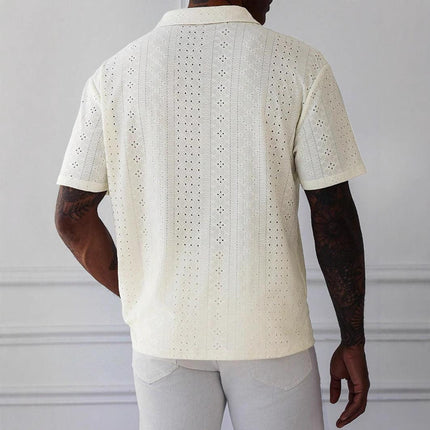 Men’s V-Neck Knit T-Shirt Jacquard Lace Relaxed Fit Short Sleeve