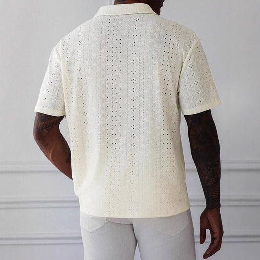 Men’s V-Neck Knit T-Shirt Jacquard Lace Relaxed Fit Short Sleeve