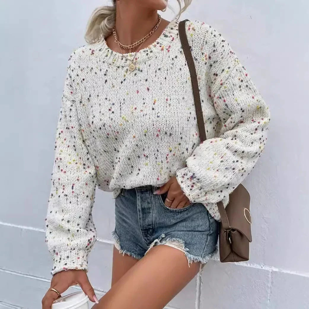 Women's Knit Pullover Sweater Relaxed Fit Ribbed Trim Speckled Pattern