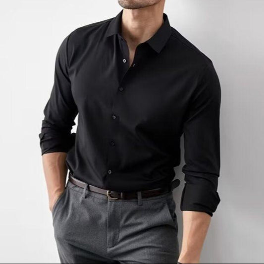 Men’s Slim Fit Dress Shirt Faux Silk Long Sleeve Button-Down