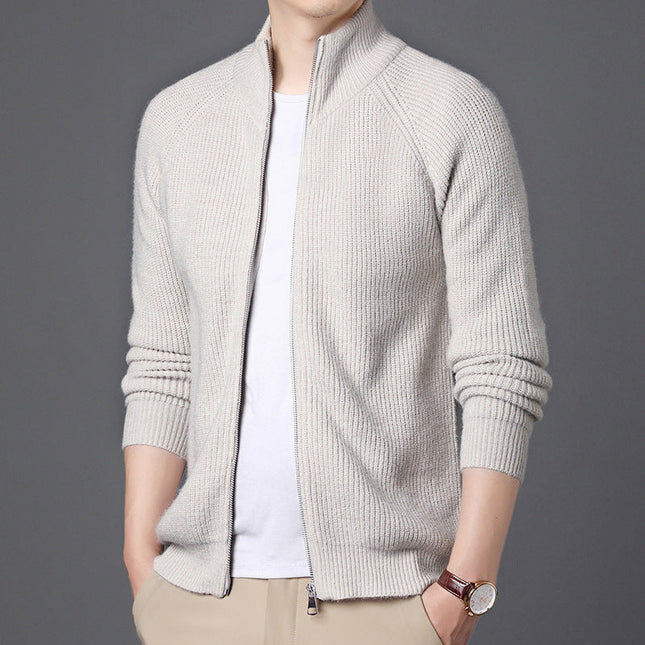 Men’s Wool Knit Cardigan Sweater with Zip Front and Relaxed Fit
