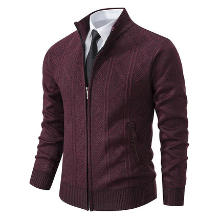 Men’s Wool Knit Cardigan Jacket with Zipper Closure and Stand Collar