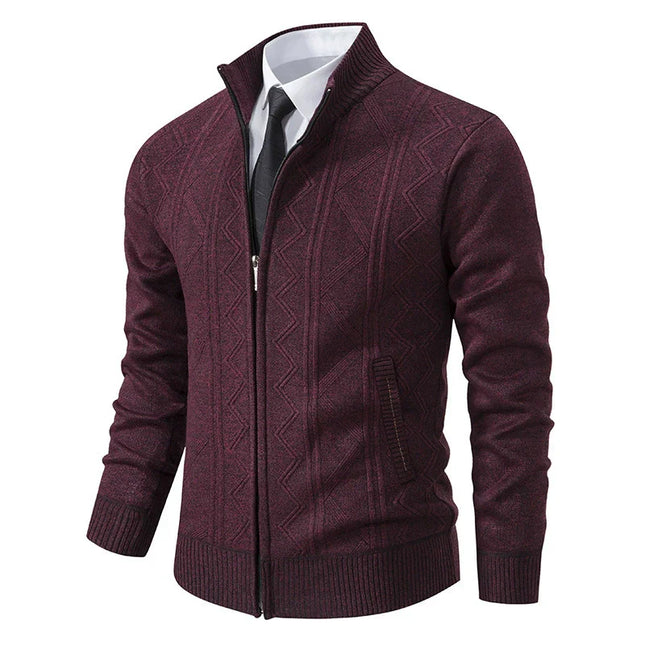 Men’s Wool Knit Cardigan Jacket with Zipper Closure and Stand Collar