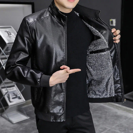 Men’s Slim Fit Leather Jacket with Stand Collar and Zip-Up Closure