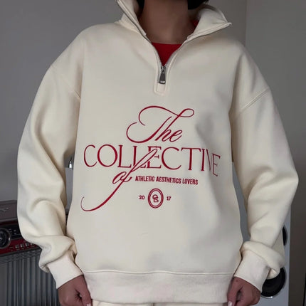Women's Fleece-Lined Oversized Sweatshirt with Stand Collar Zip and Embroidered Graphic