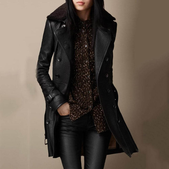 Women's Leather Trench Coat With Shearling Collar