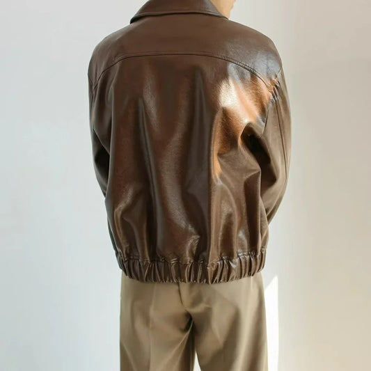 Men's Cropped Leather Jacket - Oversized Zip Front - Casual Street Style