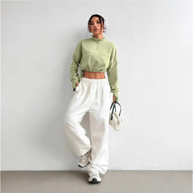 Women's Cropped Sweatshirt Cotton Blend Zip Neck Balloon Sleeves