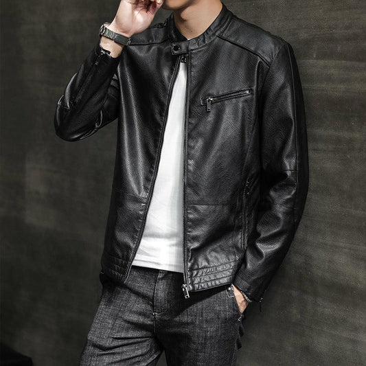 Men’s Slim Fit Leather Biker Jacket with Stand Collar and Zippered Cuffs