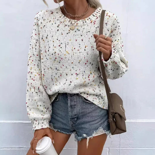 Women's Knit Pullover Sweater Relaxed Fit Ribbed Trim Speckled Pattern