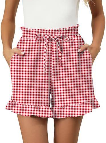Women's Gingham Cotton Shorts with Ruffle Hem and Elastic Waist