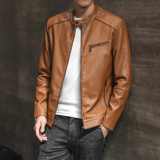 Men’s Slim Fit Leather Biker Jacket with Stand Collar and Zippered Cuffs