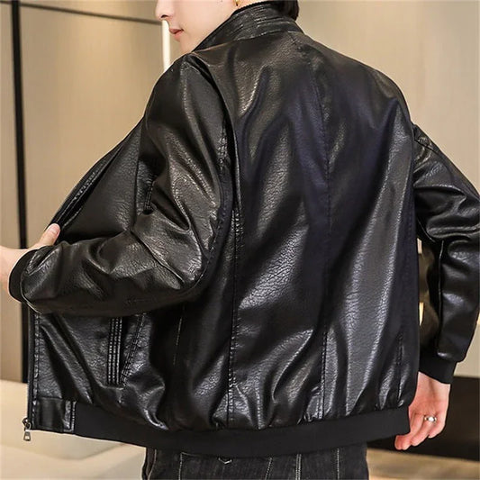 Men’s Slim Fit Leather Jacket with Stand Collar and Zip-Up Closure
