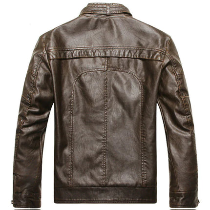 Men's Slim Fit PU Leather Biker Jacket with Zipper Front and Stand Collar