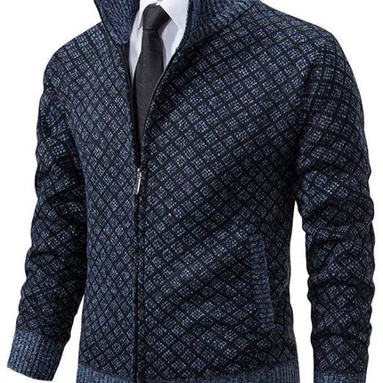Men’s Fitted Knit Cardigan Sweater with Zip Front and Stand Collar