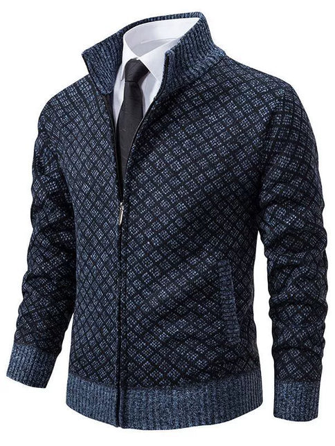 Men’s Fitted Knit Cardigan Sweater with Zip Front and Stand Collar