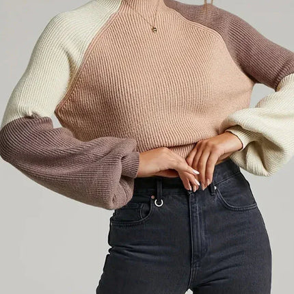Women's Oversized Ribbed Knit Pullover Sweater with Mock Neck and Bell Sleeves