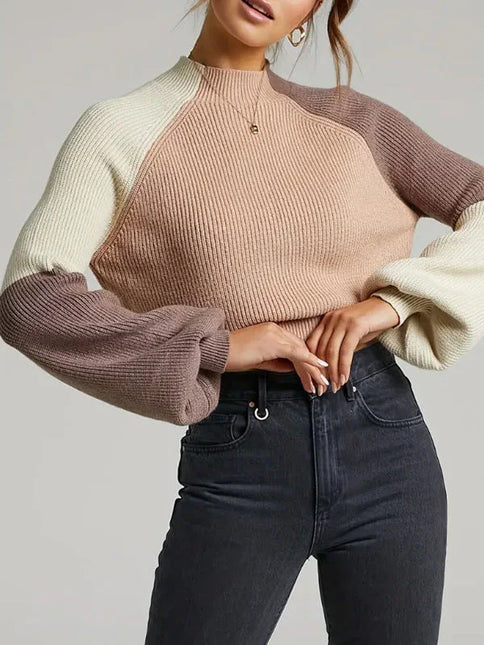 Women's Oversized Ribbed Knit Pullover Sweater with Mock Neck and Bell Sleeves