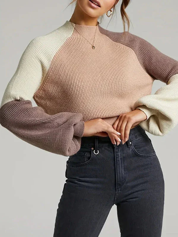 Women's Oversized Ribbed Knit Pullover Sweater with Mock Neck and Bell Sleeves