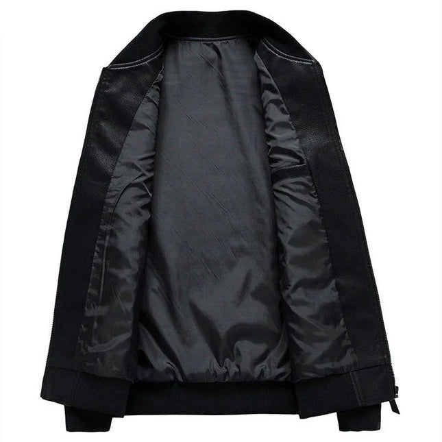 Men’s Leather Look Bomber Jacket with Ribbed Collar and Cuffs