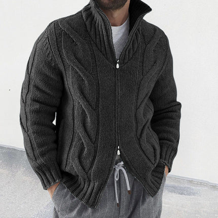 Men’s Wool Blend Knit Cardigan with High Neck and Cable Sleeves
