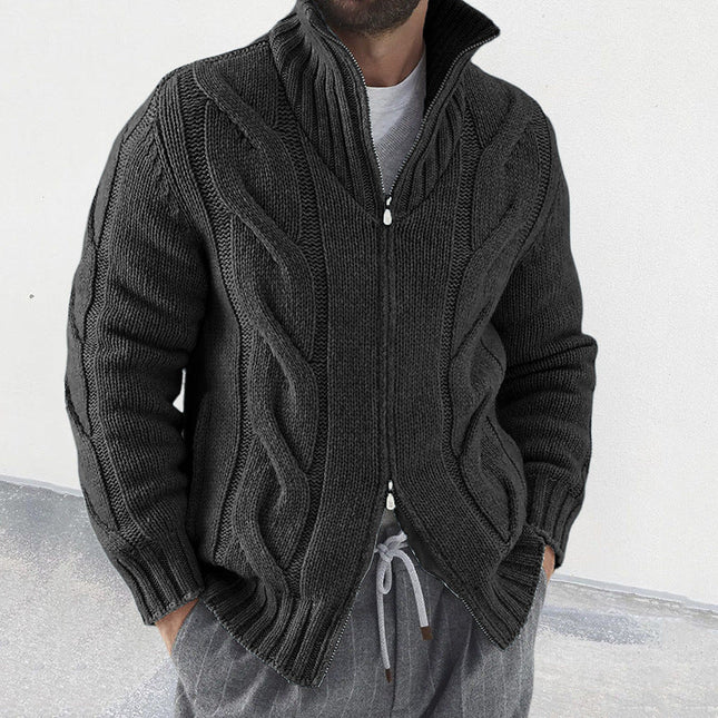 Men’s Wool Blend Knit Cardigan with High Neck and Cable Sleeves