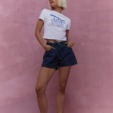 Women's High Waist Denim Shorts with Adjustable Drawstring and Pockets
