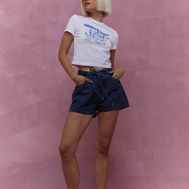 Women's High Waist Denim Shorts with Adjustable Drawstring and Pockets