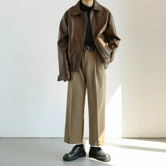 Men's Cropped Leather Jacket - Oversized Zip Front - Casual Street Style