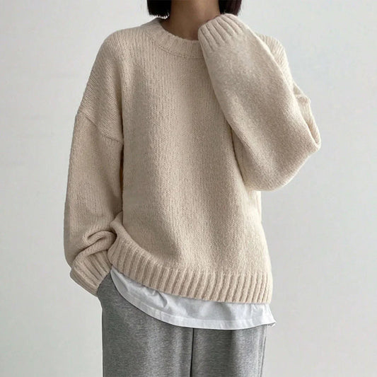 Women's Oversized Wool Sweater - Knitted Crew Neck with Ribbed Trim