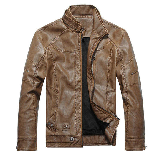 Men's Slim Fit PU Leather Biker Jacket with Zipper Front and Stand Collar