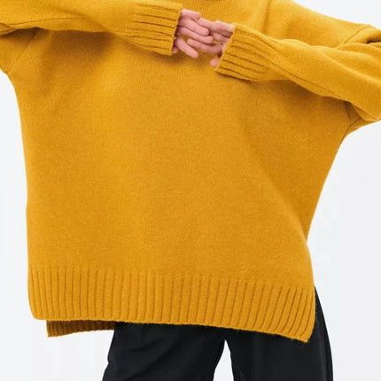 Women's Oversized Ribbed Knit Pullover Sweater with Semi-High Neck and Dropped Shoulders