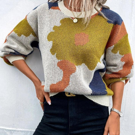 Women's Knit Pullover Sweater Relaxed Fit Balloon Sleeves Round Neck Patterned
