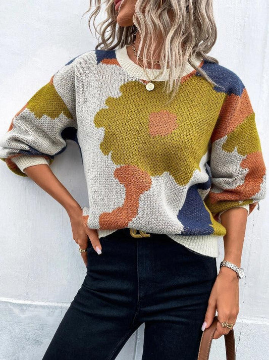 Women's Knit Pullover Sweater Relaxed Fit Balloon Sleeves Round Neck Patterned