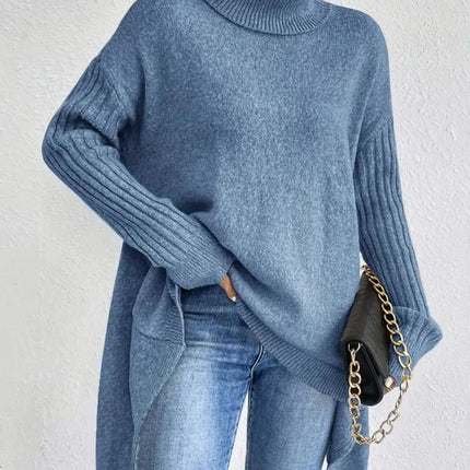 Women's Oversized Turtleneck Sweater Wool Knit Asymmetrical Hem