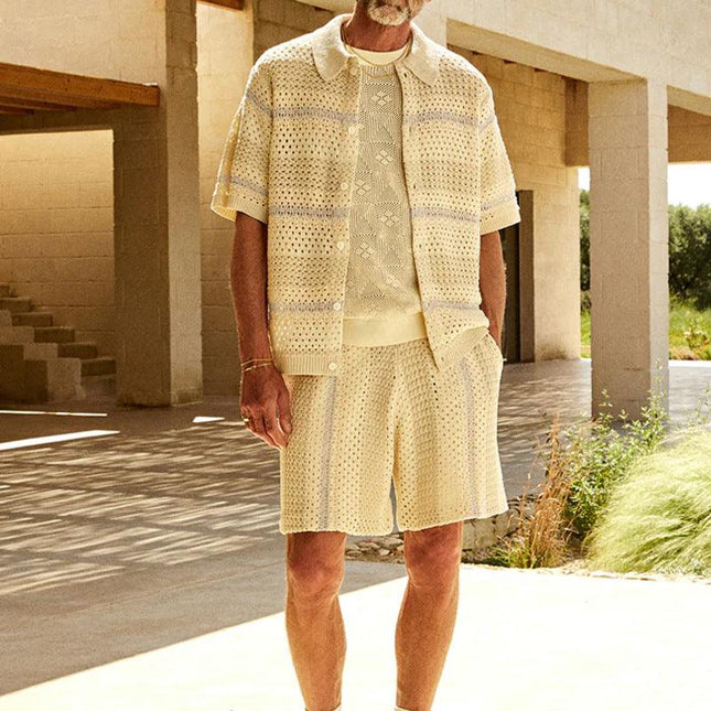 Men's Open Knit Cardigan and Shorts Set - Relaxed Fit Breathable Casual Wear