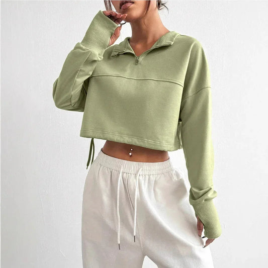 Women's Cropped Sweatshirt Cotton Blend Zip Neck Balloon Sleeves