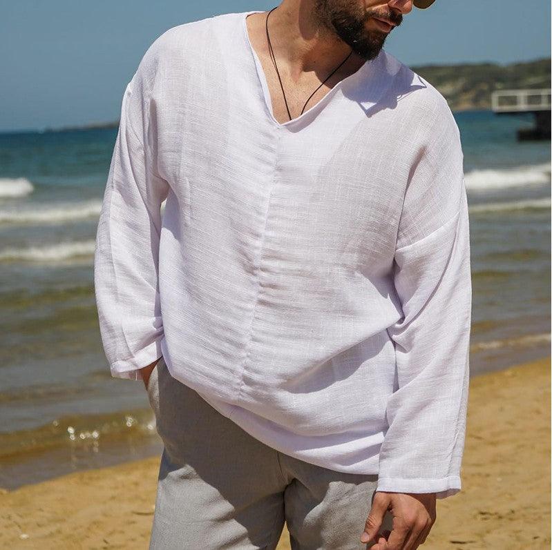 Men’s V-Neck Linen Shirt Long Sleeve Relaxed Fit